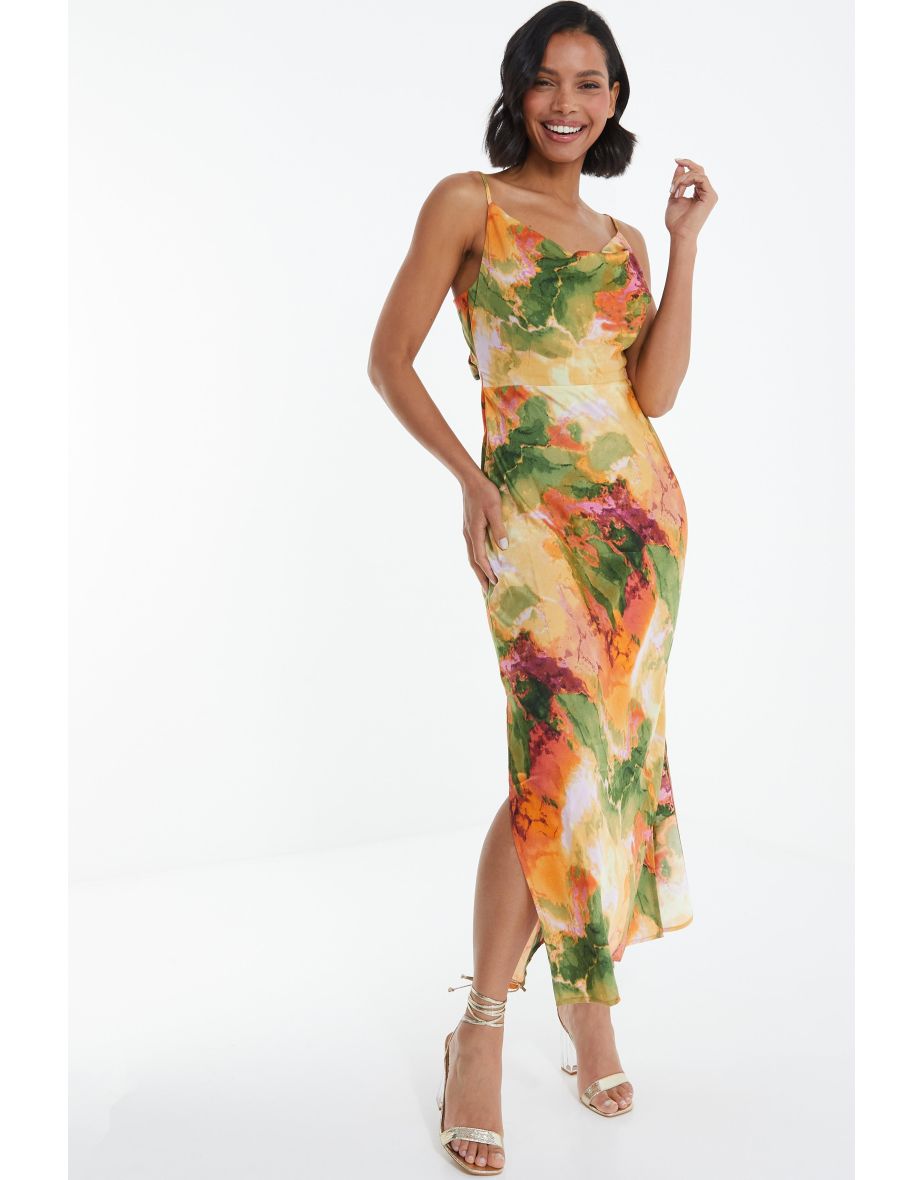 Multicoloured Satin Marble Print Midaxi Dress