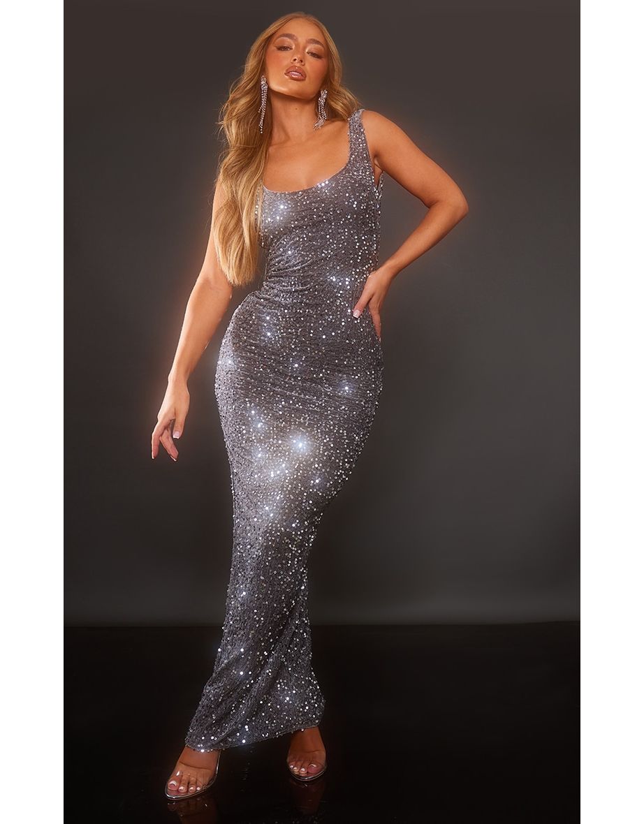 Silver Velvet Sequin Embellished Scoop Back Maxi Dress