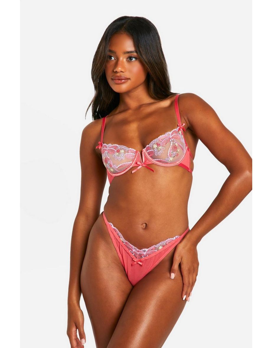 Bow Detail Mesh Thong - pink