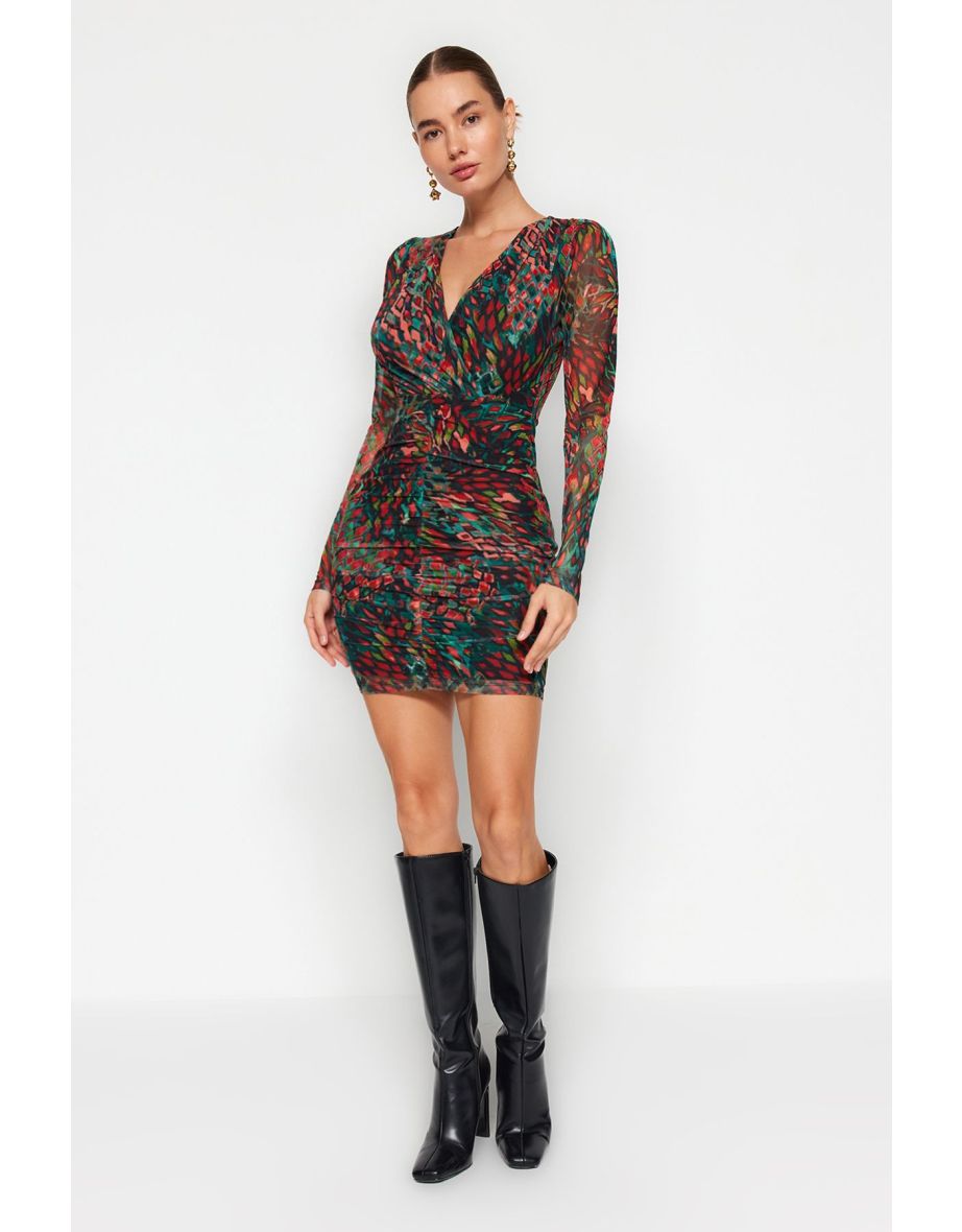 Black Printed Draped V-Neck Fitted Tulle Mini Knitted Dress