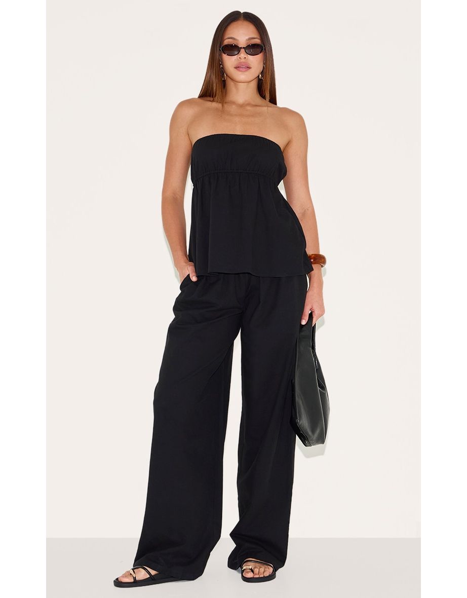 Tall Black Linen Look Floaty Wide Leg Trousers