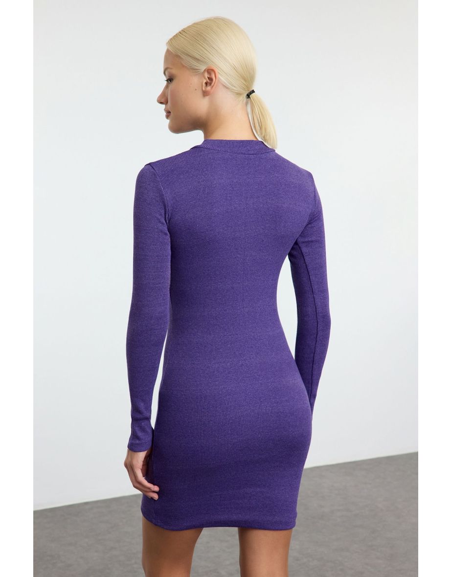 Purple Fitted Mini Half Turtleneck Ribbed Stretchy Knitted Dress - 4