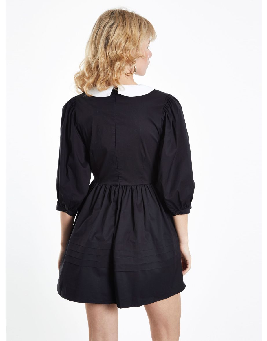 Black Pleated A-Line Mini Skater Dress - 2