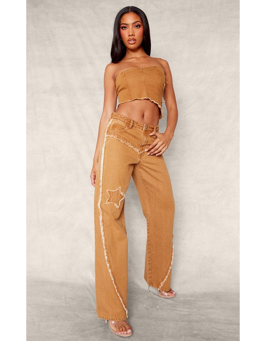 Washed Brown Raw Hem Detail Star Applique Wide Leg Jeans