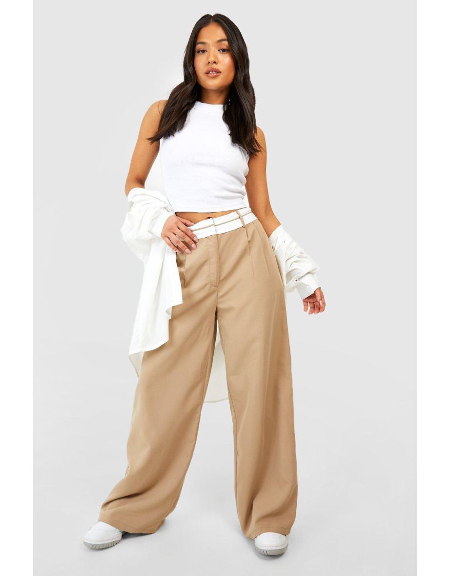 Petite Reverse Waistband Tailored Wide Leg Trousers - camel