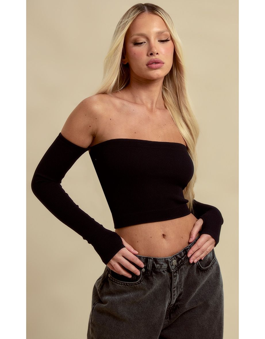 Black Structured Contour Rib Bardot Crop Top