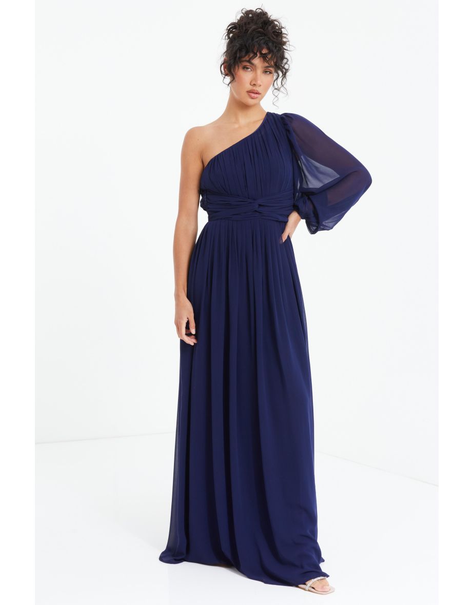 Navy Chiffon One Sleeve Maxi Dress