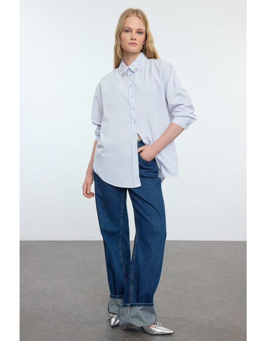 Light Blue Stone Detailed Oversize Woven Shirt