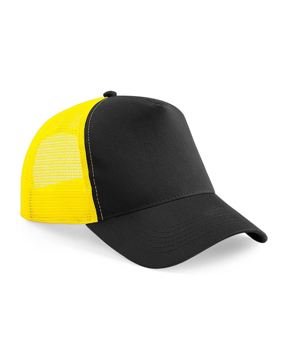Beechfield Mens Half Mesh Trucker Cap / Headwear - Black/Yellow