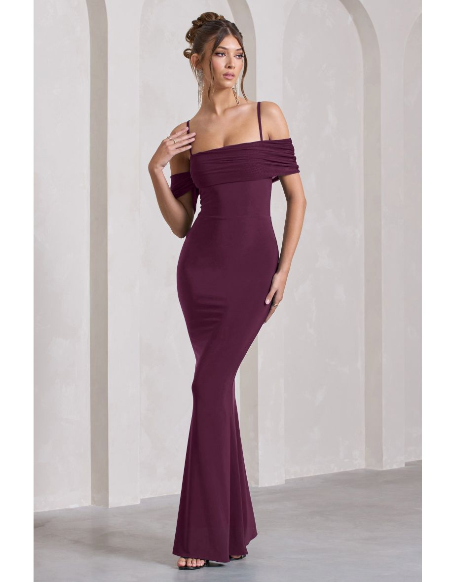 Miracle | Plum Strappy Mesh Bardot Maxi Dress - 4