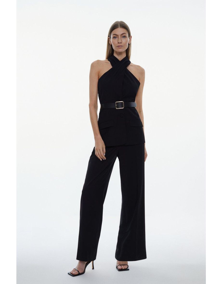 Petite Compact Stretch Belted Wide Leg Pants | Karen Millen