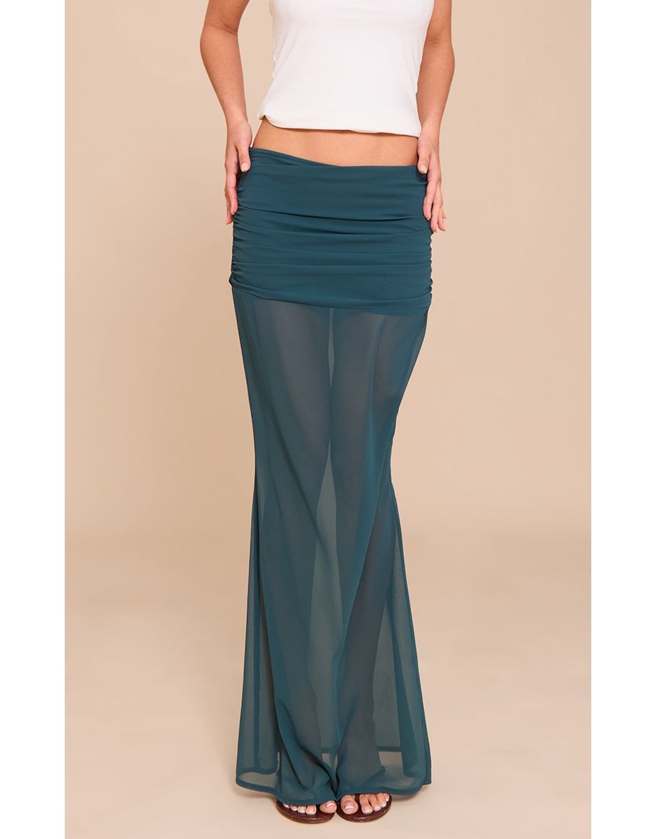 Forest Green Chiffon Fold Over Ruched Maxi Skirt