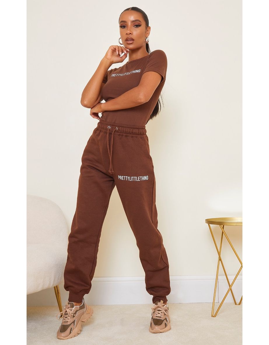 PRETTYLITTLETHING Recycled Chocolate Brown High Waisted Joggers