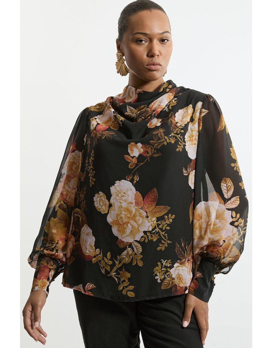 Plus Size Floral Georgette Balloon Sleeve Blouse