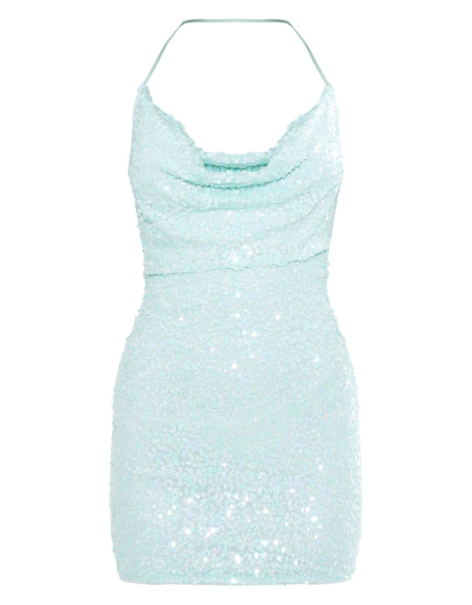 Aqua Sequin Tie Cowl Halter Neck Bodycon Dress - 4