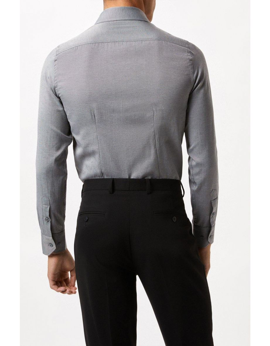 Long Sleeve Slim Charcoal Basket Texture Button Down Shirt - 2