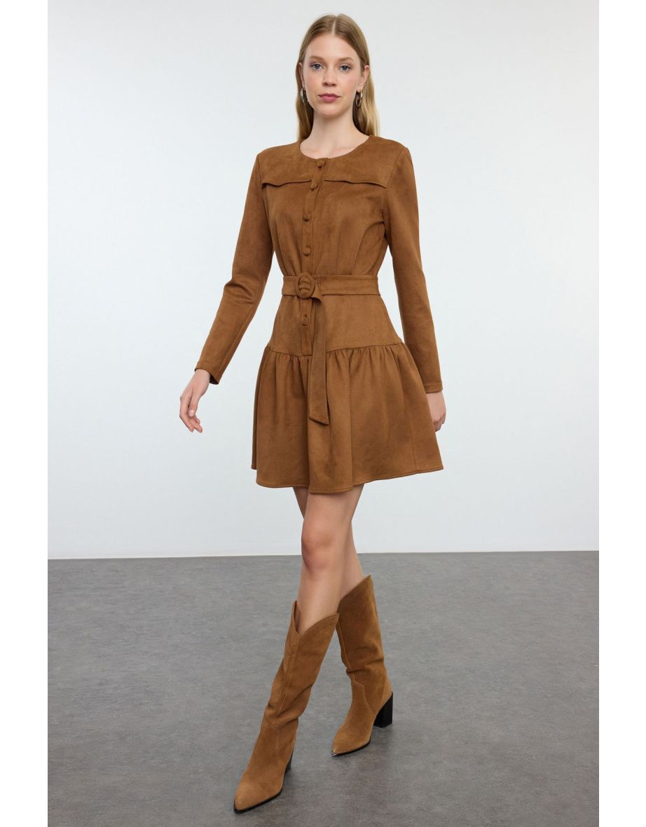 Tan Skater/Waist Open Pleated Skirted Suede Mini Winter Woven Dress - 4