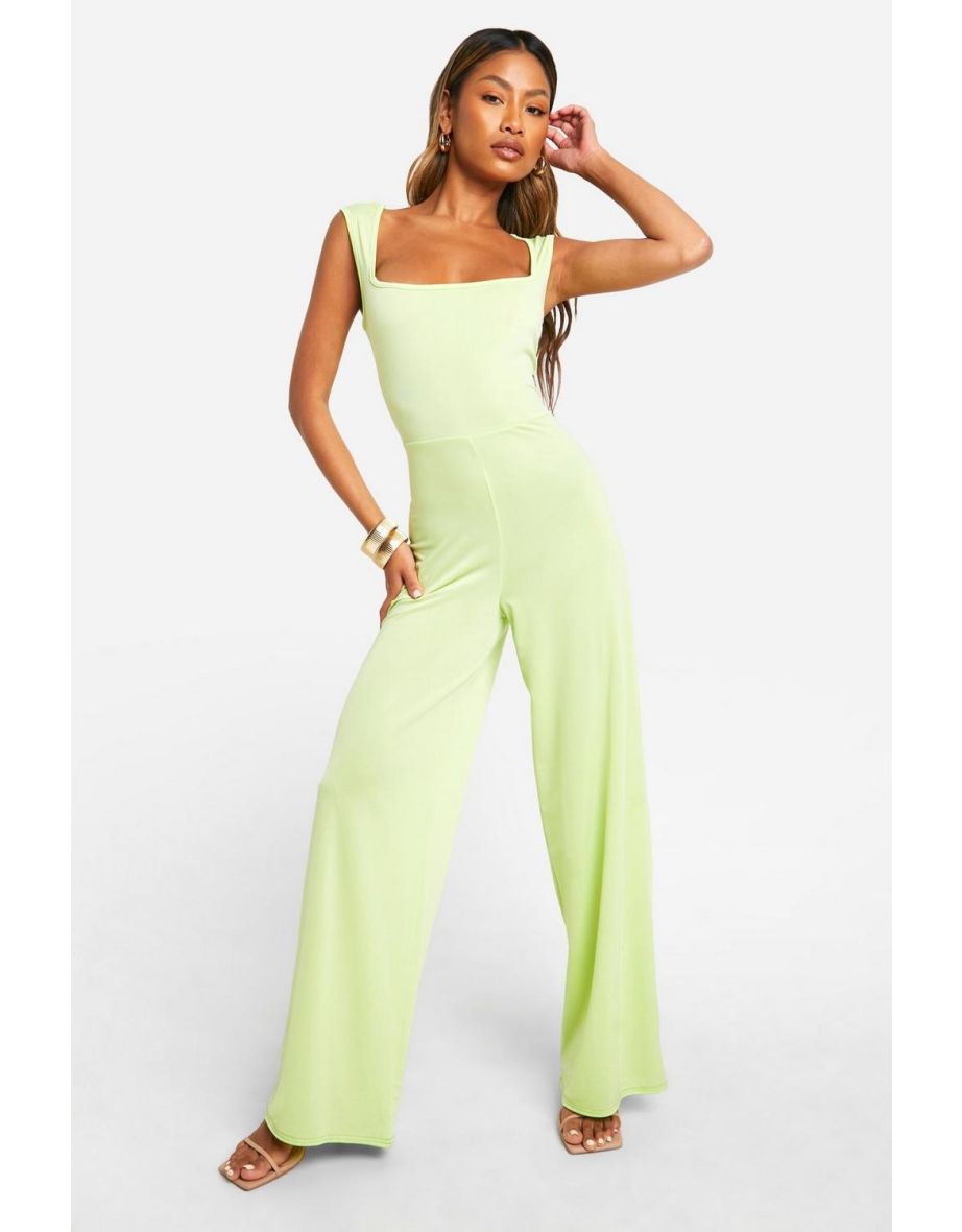 Shop Premium Square Neck Matt Slinky Jumpsuit lime Online in Qatar VogaCloset