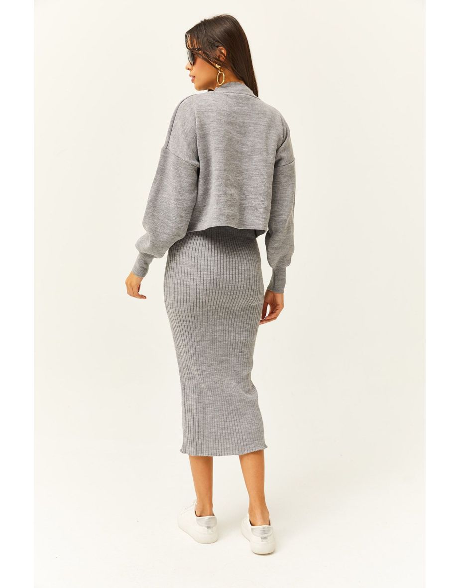 Women's Gray Top Crop Sweater Bottom Strap Dress Knitwear Suit - 6
