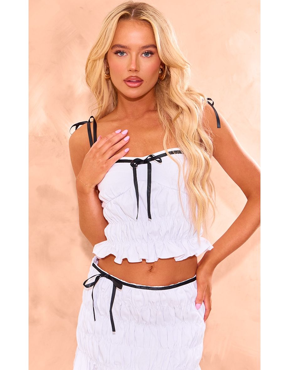 White Ribbon Strap Ruched Denim Crop Top