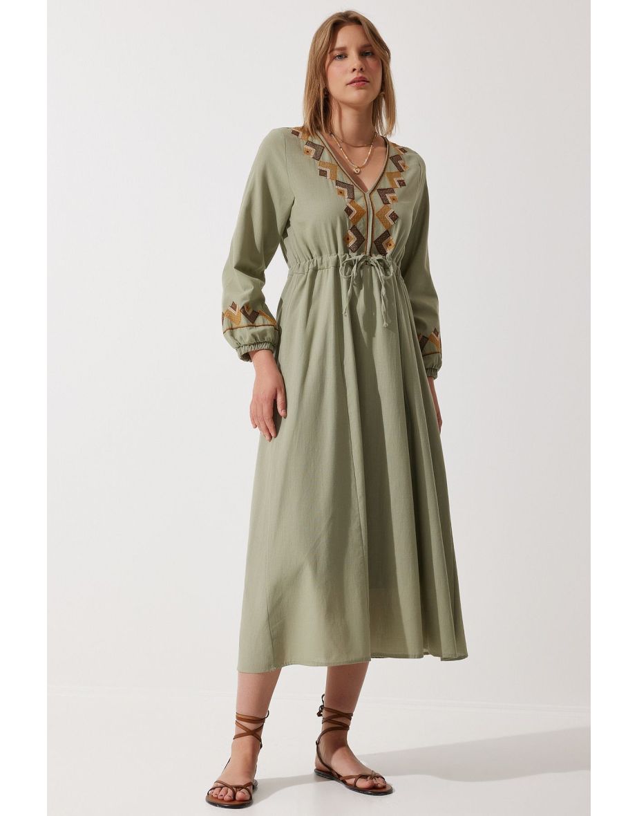 Women's Khaki Embroidery Detailed Oversize Linen Dress