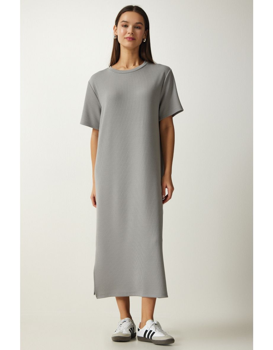 Women's Gray Crew Neck Knitted Ribbed Dress