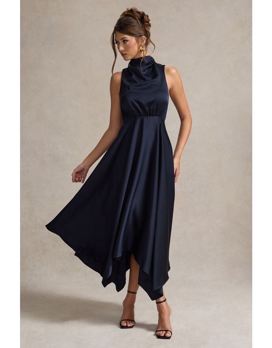 Kerri | Navy Satin Cowl-Neck Maxi Dress - 4