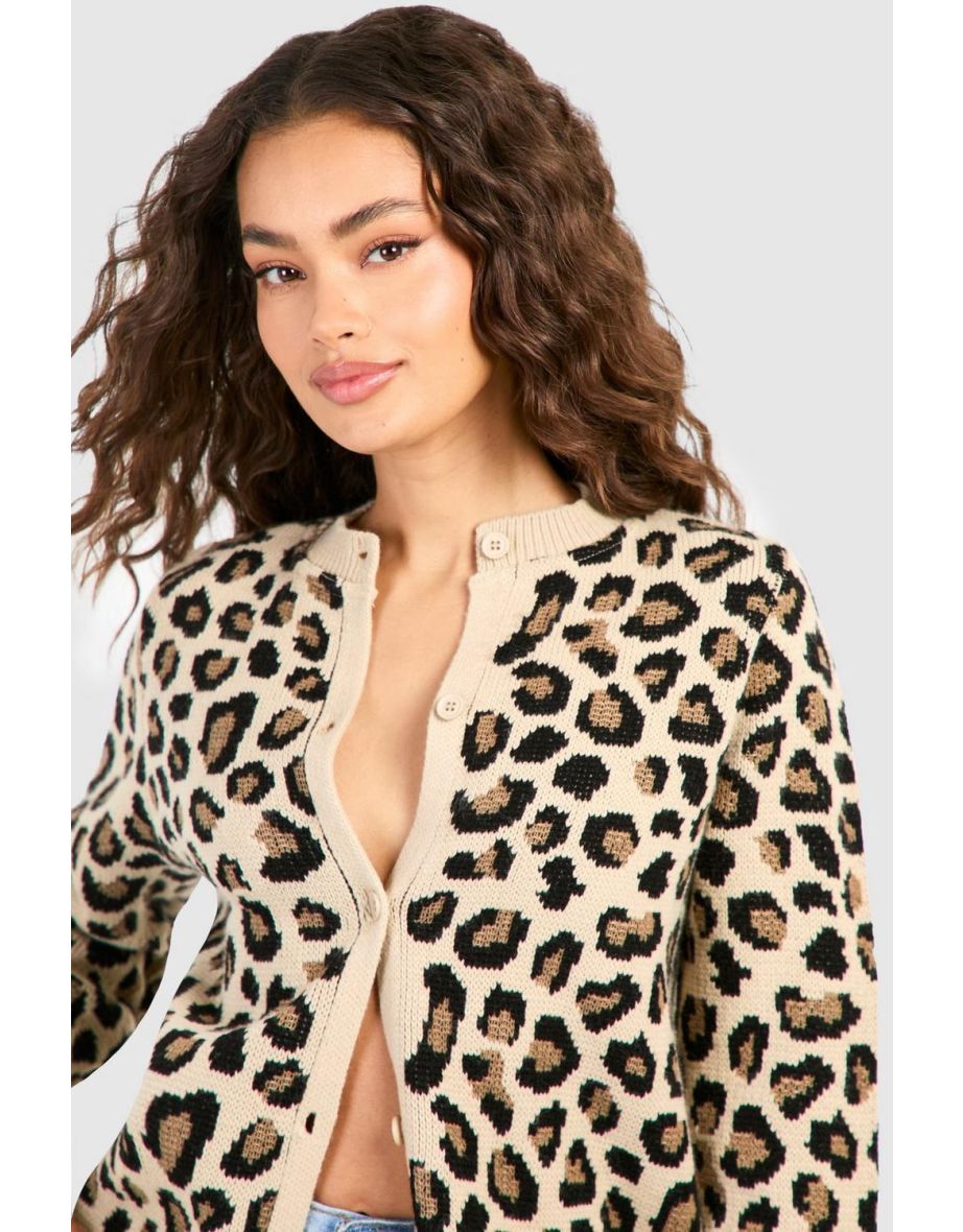 Fine Gauge Crew Neck Leopard Print Micro Cardigan - 3