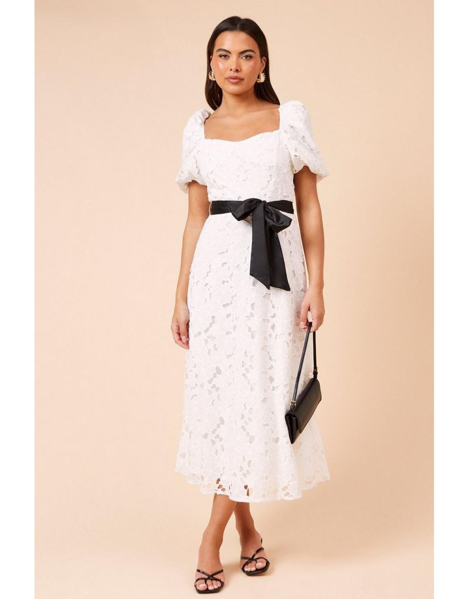 DP Luxe Cut-Work Lace Contrast Belt Midaxi Dress