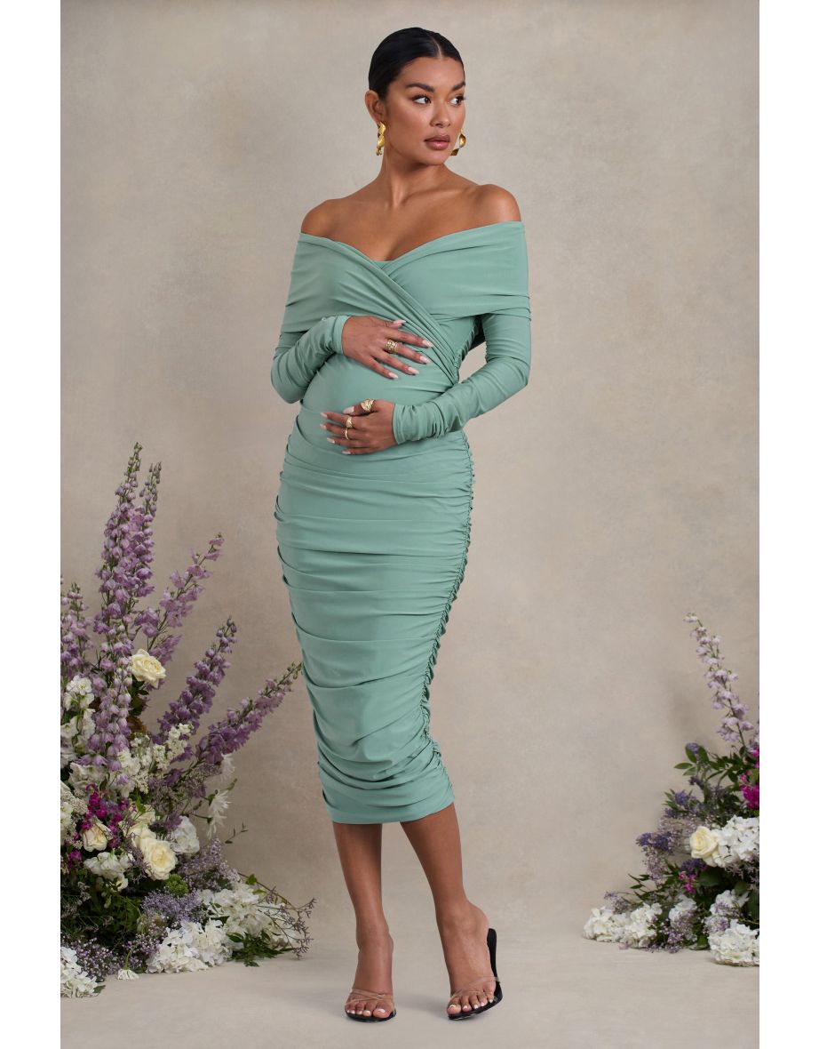 Davina | Sage Ruched Twist Bardot Long-Sleeve Maternity Midi Dress