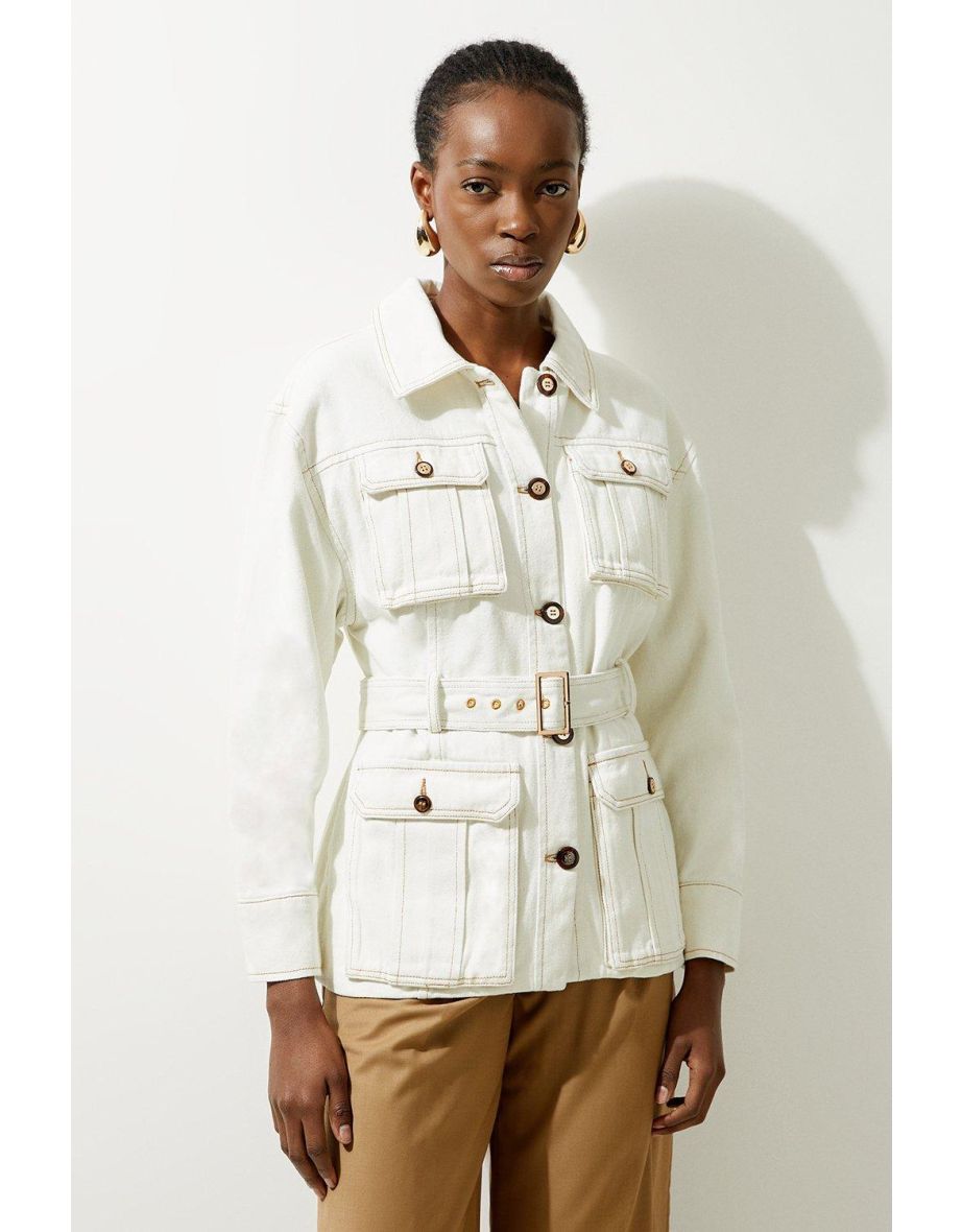 Denim Pocket Detail Belted Safari Jacket