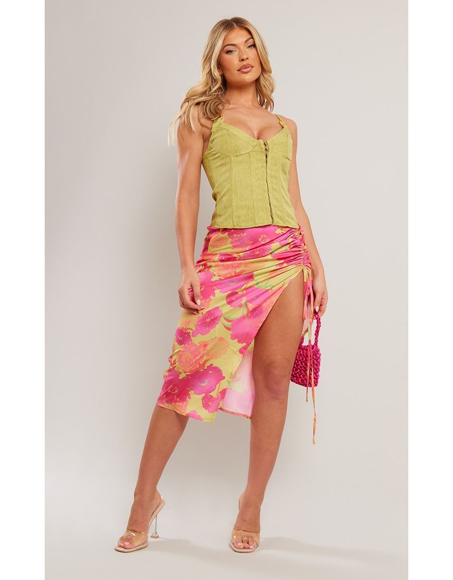 Pink Blurred Floral Print Woven Ruched Detail Midi Skirt