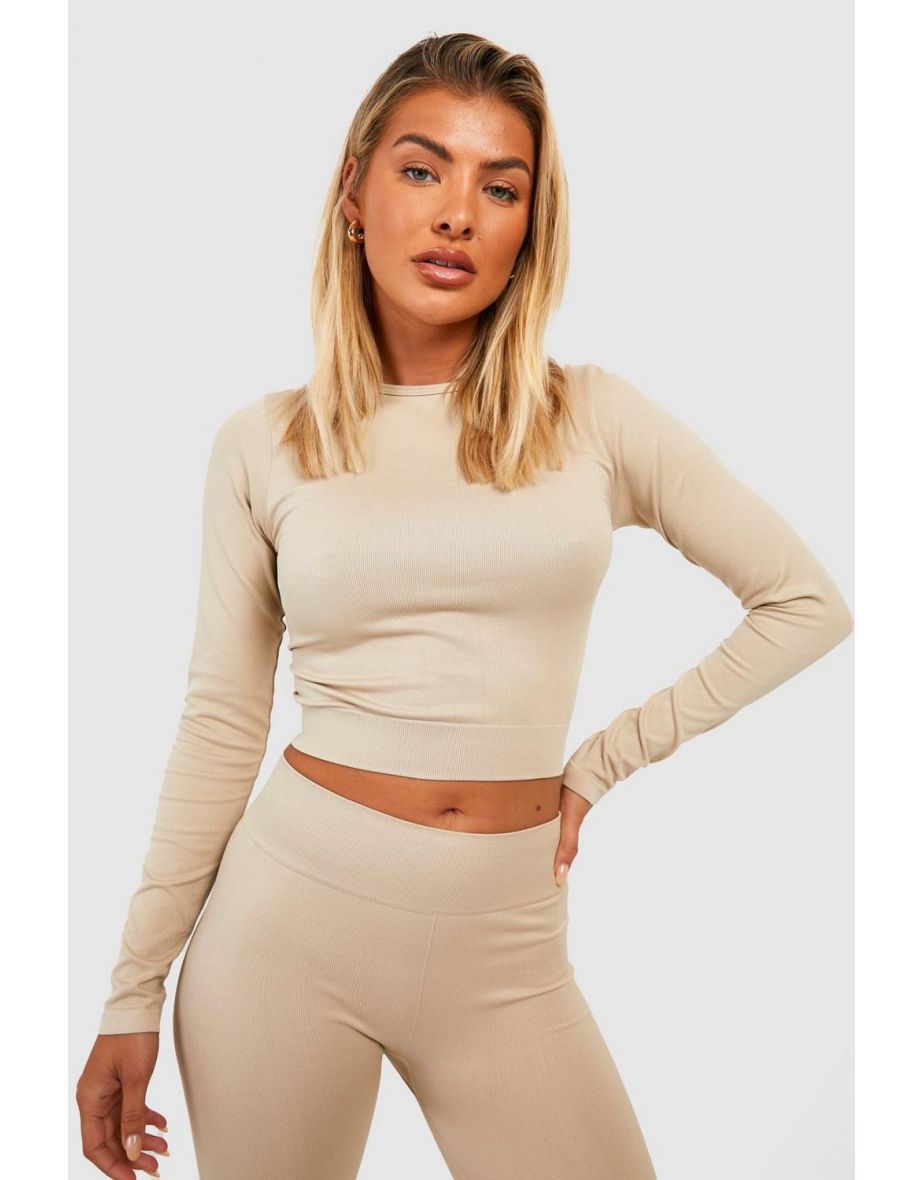 Seamless Rib Long Sleeve Crop Top - stone - 3