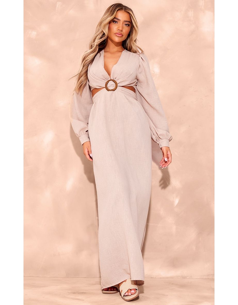 Shop Stone Linen Look Plunge Ring Detail Maxi Dress Online in Bahrain VogaCloset