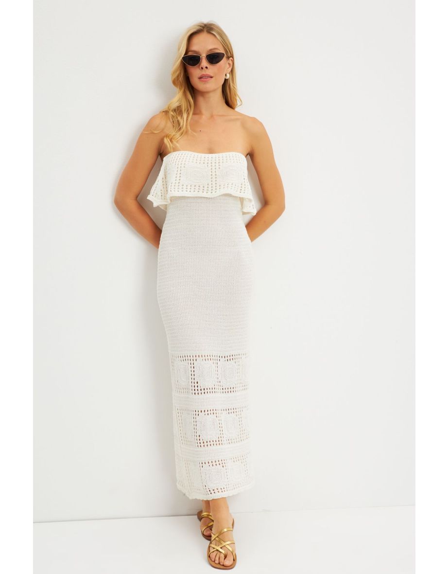 Women's Ecru Openwork Knitwear Midi Dress