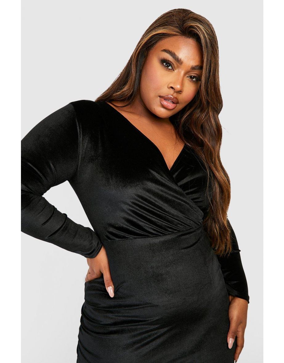 Plus Velvet Wrap Midi Dress - black - 3