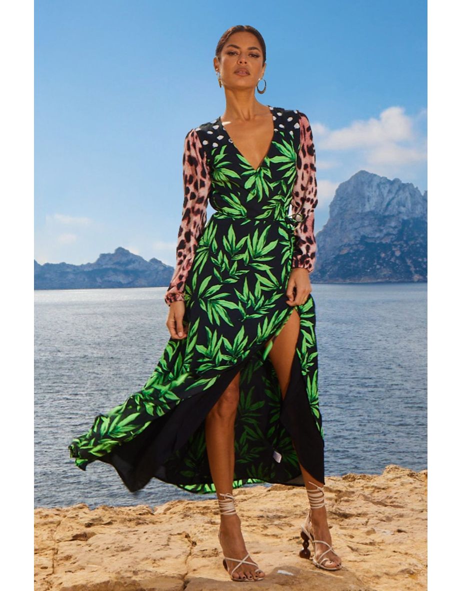 Jagger Maxi Wrap Dress in Tropic Green on Black Mix