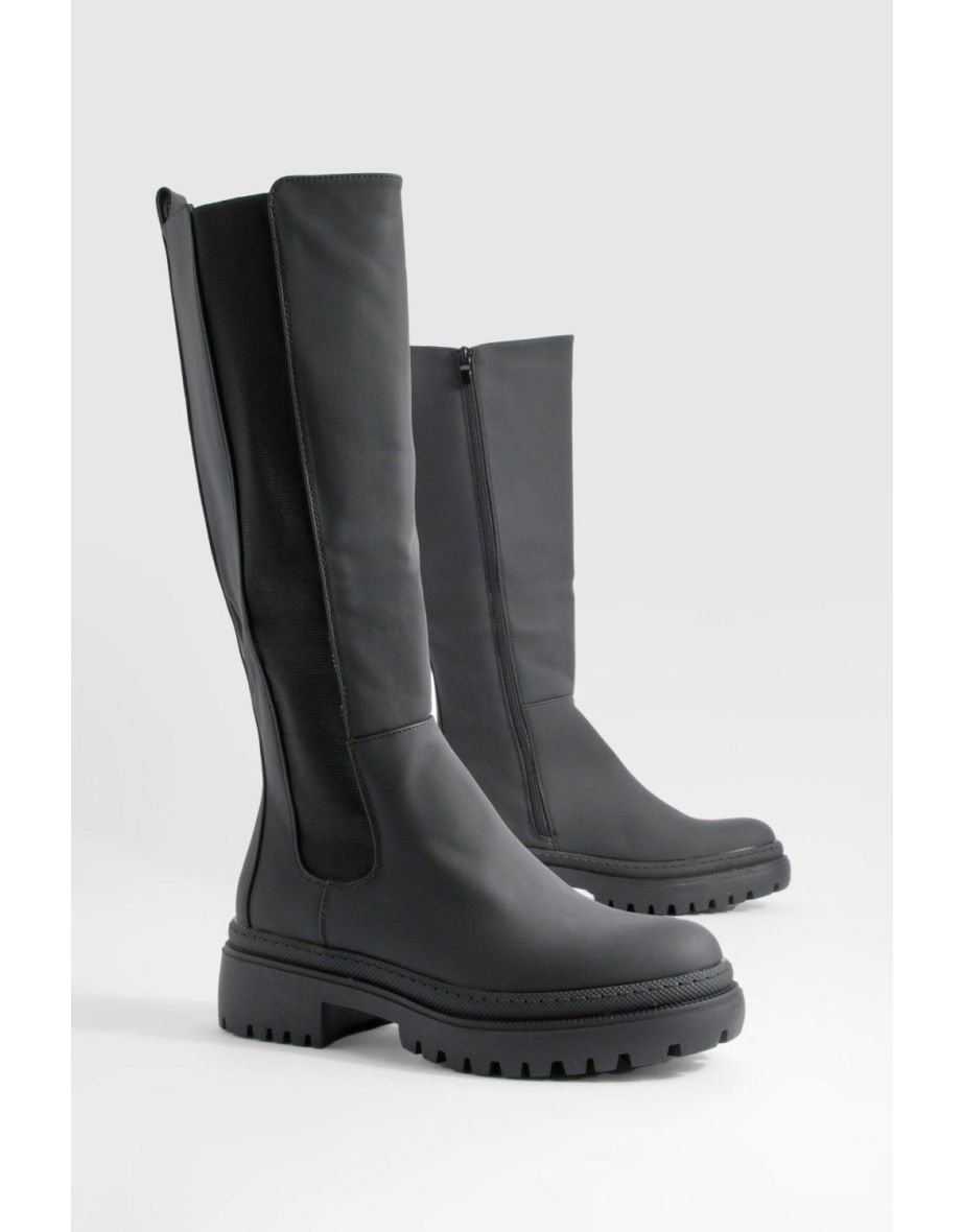 Shop Chunky Elastic Panel Knee High Rubber Boots Online in Qatar VogaCloset