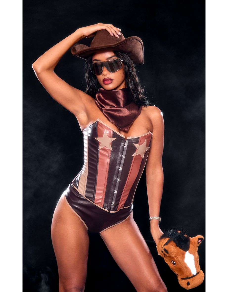 Brown Cow Girl PU Corset Lingerie Set