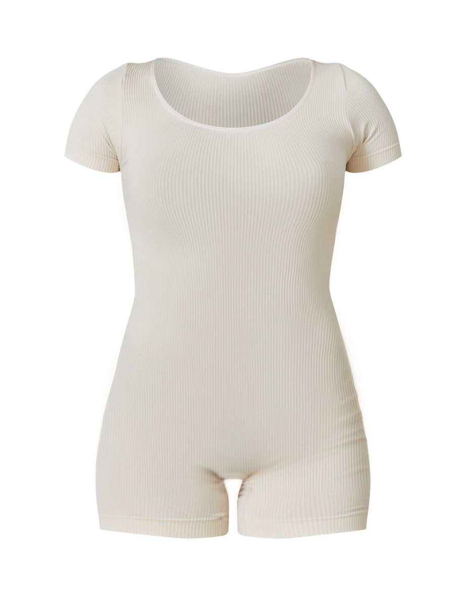 Ecru Structured Contour Rib Scoop Neck Short Sleeve Unitard - 4