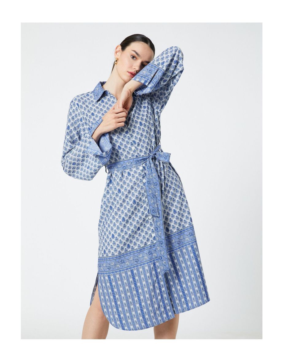 Traditional Patterned Shirt Dress Belted Midi Length