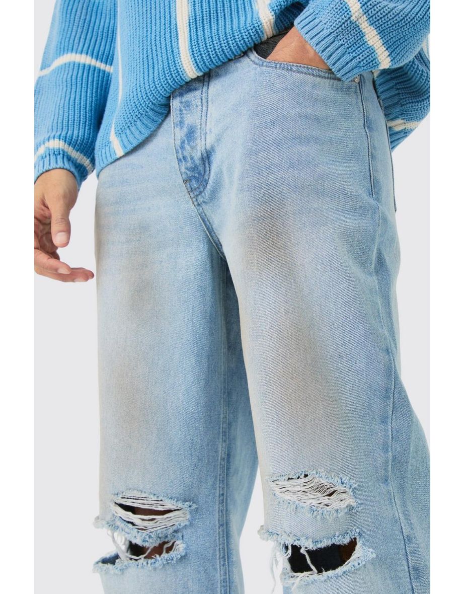 Baggy Rigid Ripped Knee Dirty Wash Jeans In Light Blue - light blue - 2