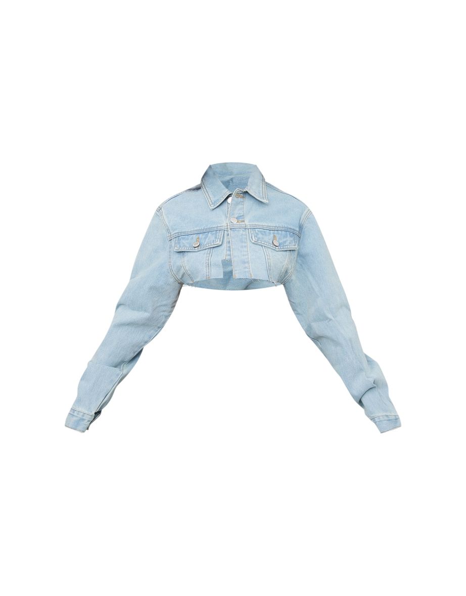 Petite Light Blue Wash Distressed Super Cropped Denim Jacket - 4