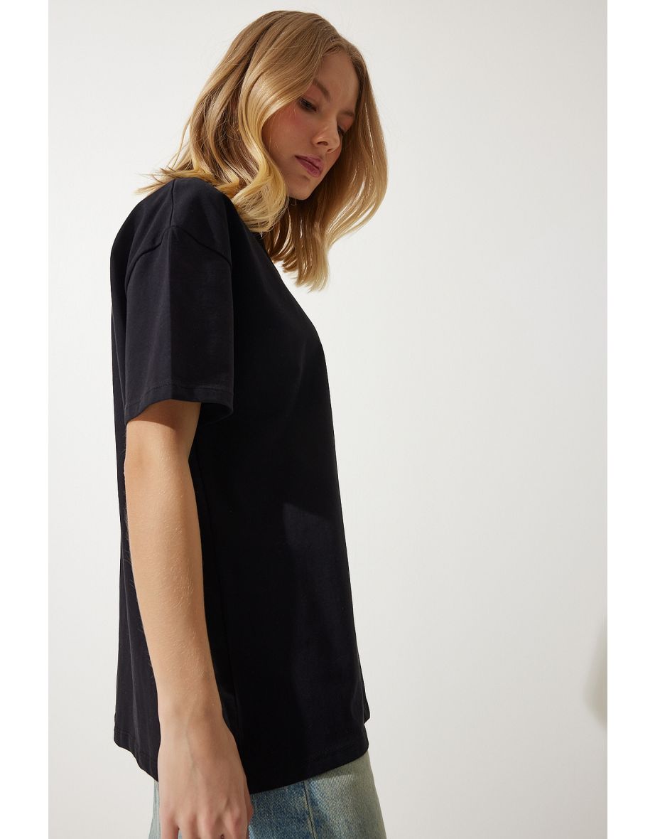 Women's Black Loose Basic Cotton T-Shirt - 5