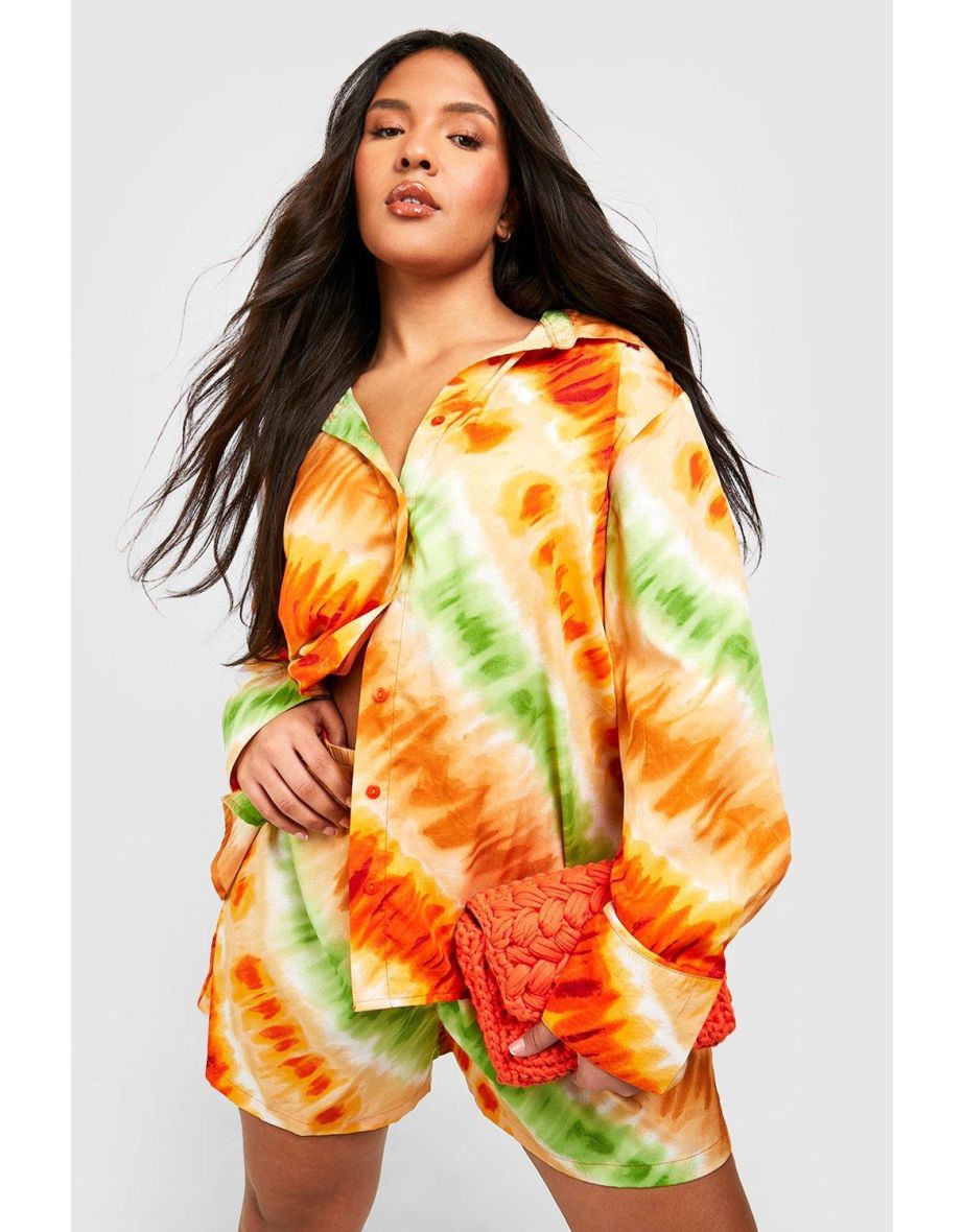 Plus Satin Tie Dye Shirt & Shorts Co-ord Set - orange