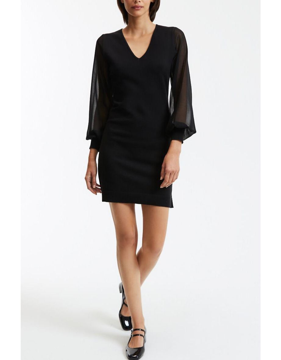 Dual Fabric Mini Dress with Long Sleeves