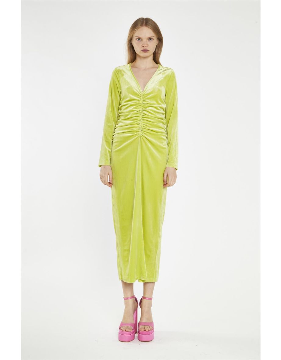 Lime-Green Velvet Ruched-Front Midi-Dress