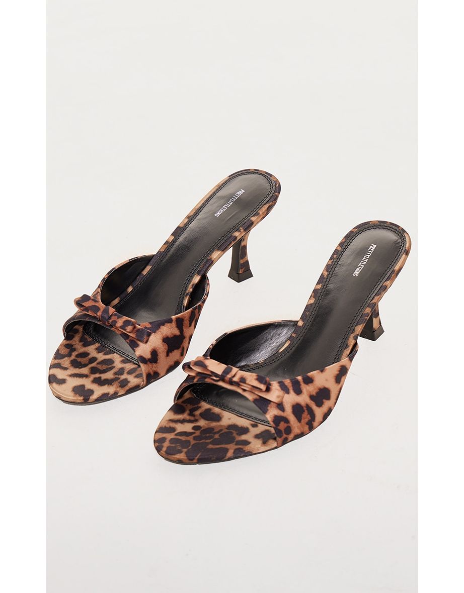 Leopard Print Satin Round Toe Bow Strap Low Heel Open Toe Mules - 3