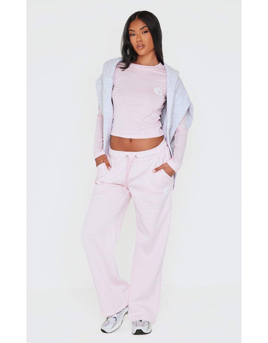 PRETTYLITTLETHING Baby Pink Printed Wide Leg Joggers