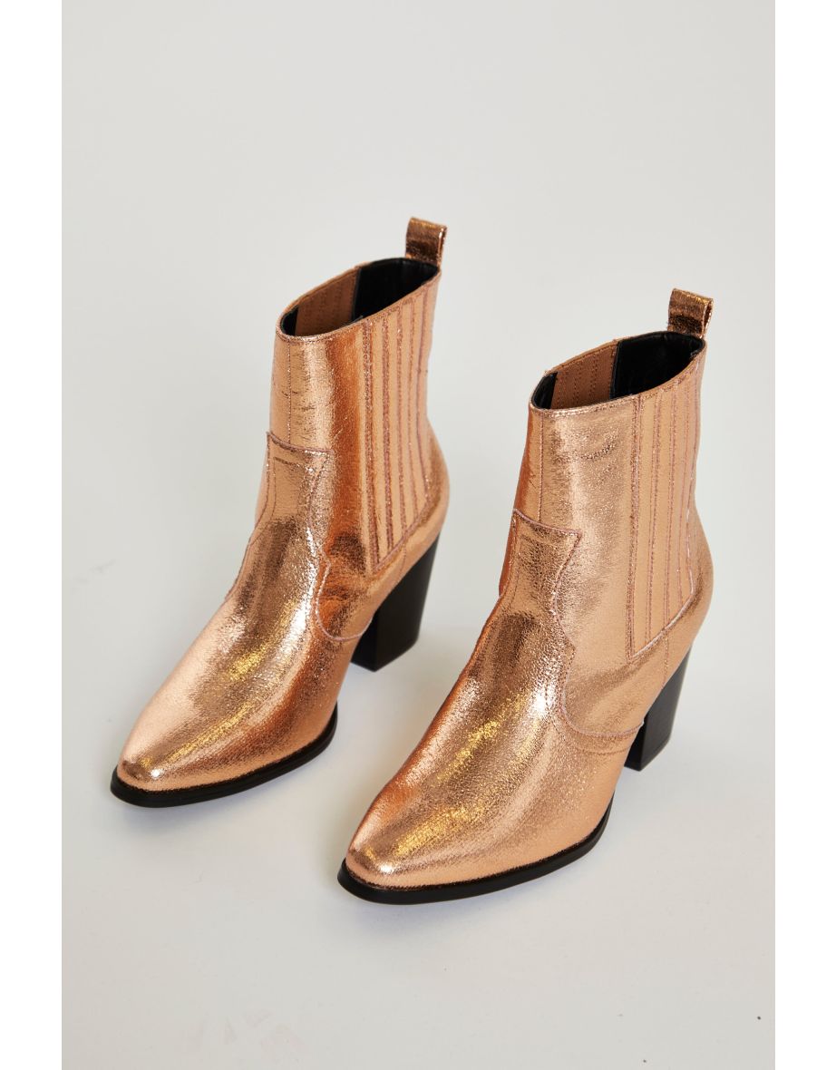 Glamorous Bronze Western Block Heel Ankle Boots